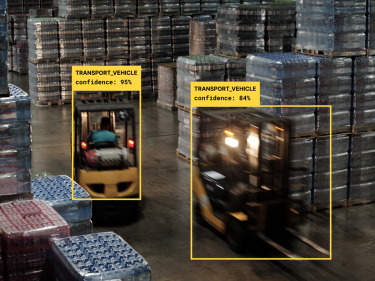 A computer vision technology tracking forklifts that transport packages in the warehouse