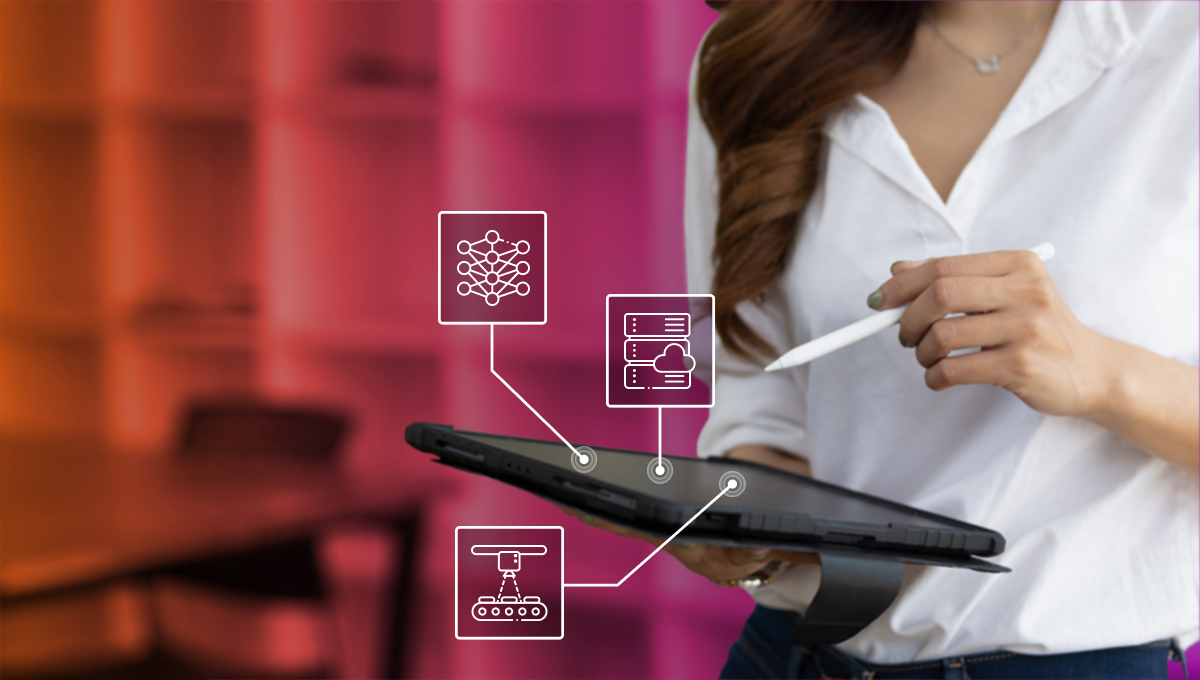 A woman in a white shirt holding a tablet and stylus, with floating icons representing a neural network, cloud storage, and robotics connected to the device, set against a warm orange-pink background