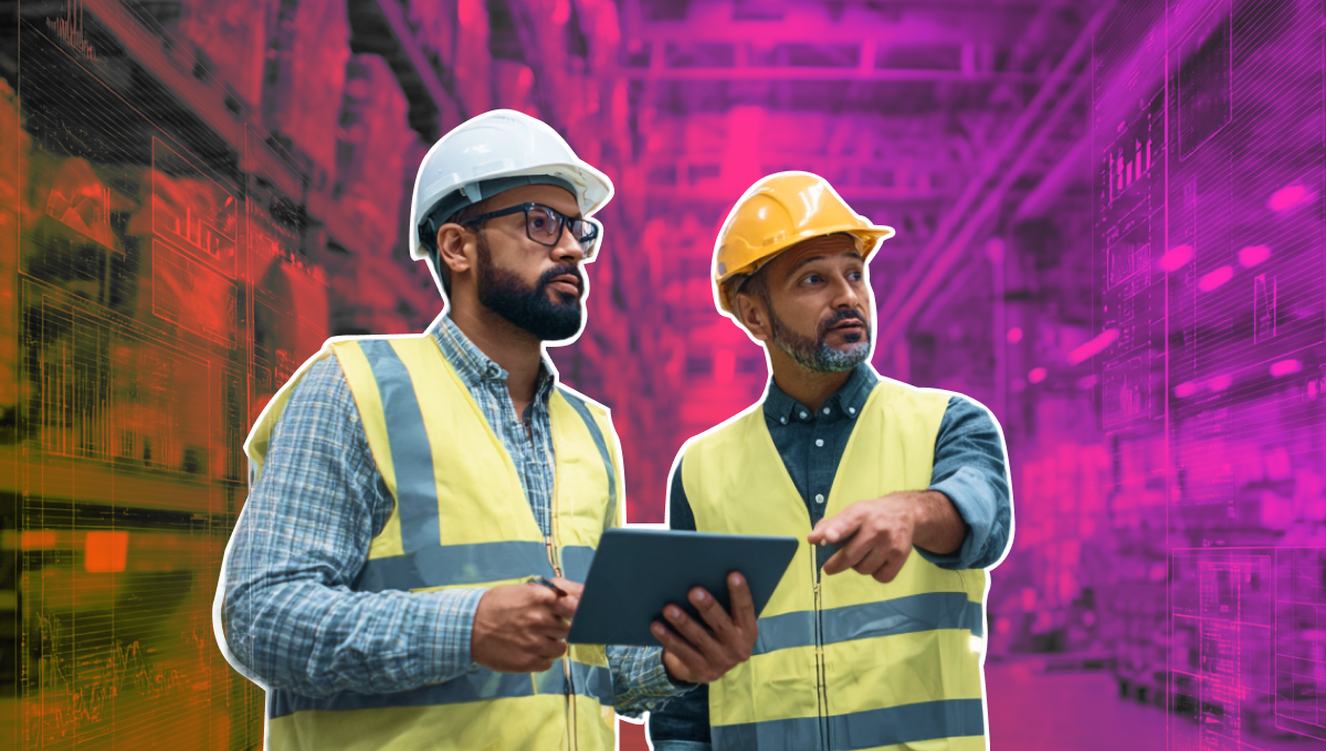 Two male warehouse workers in hard hats and high-visibility vests standing in a warehouse, one holding a tablet while the other points into the distance, with a digitally enhanced orange and purple background