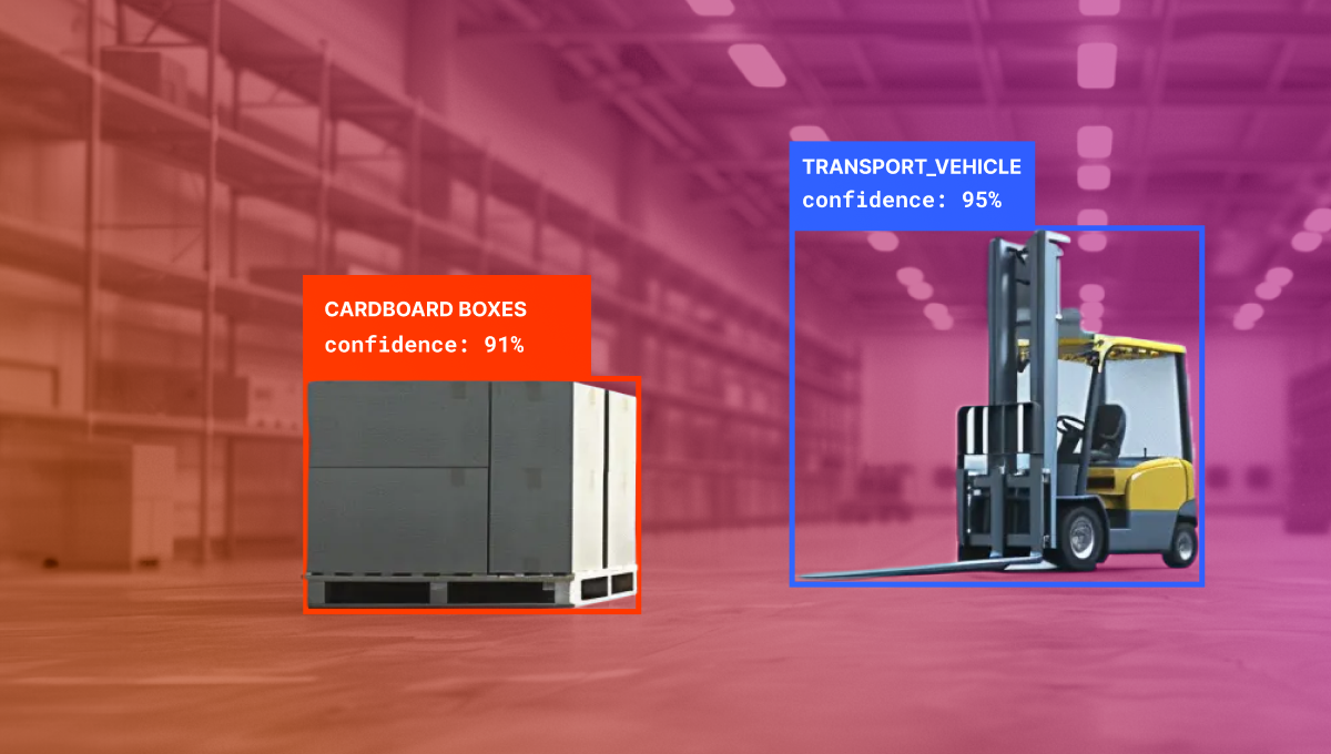 A warehouse scene showing AI computer vision detecting two objects: cardboard boxes on a pallet with 91% confidence, and a forklift labeled as a transport vehicle with 95% confidence, each highlighted with colored bounding boxes
