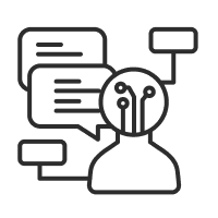 AI-powered chatbot icon with a human figure surrounded by multiple speech bubbles and a circuit node