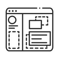 Website wireframe icon displaying a browser window with placeholder content blocks and a flowchart