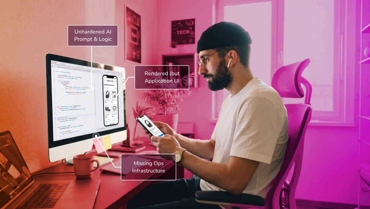 A developer reviews an AI-built application on a monitor and mobile device. Three labels highlight what's present but incomplete: Unhardened AI Prompt & Logic, Rendered but Application UI, and Missing Ops Infrastructure, illustrating the gap between a working prototype and a production-ready system.