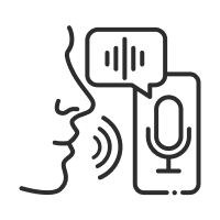 Voice recognition icon showing a person speaking toward a microphone with sound waves