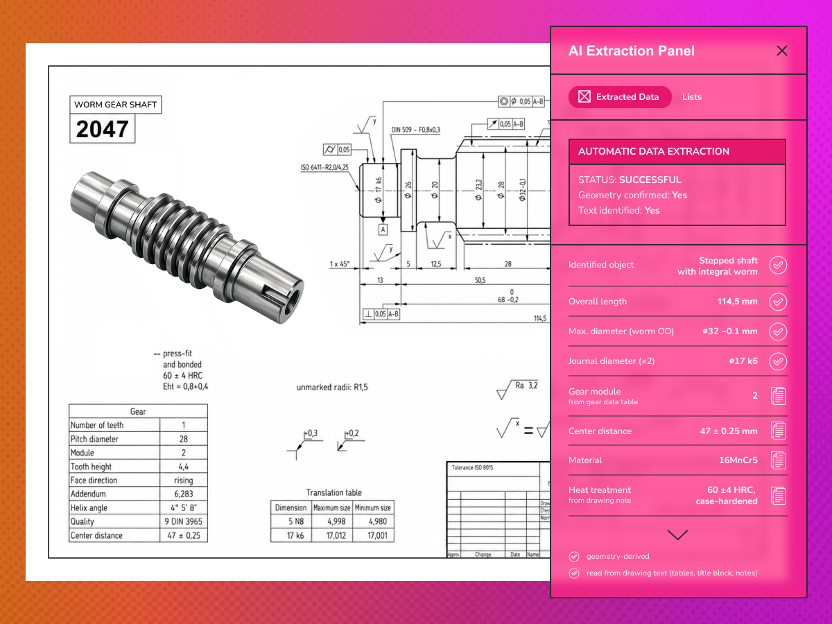 AI extracting dimensions, tolerances and structured data from a technical drawing
