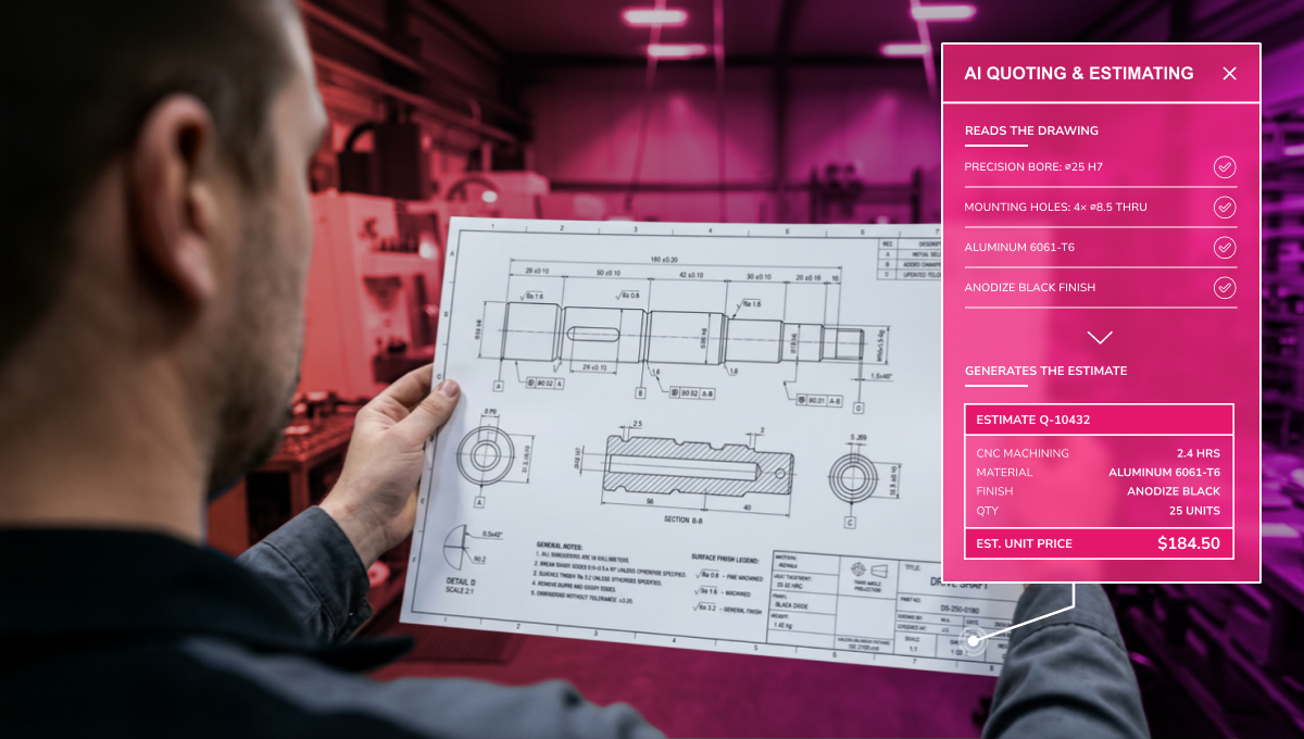 Engineer reviewing a technical drawing of a drive shaft, with an AI quoting interface extracting key specs - material, finish, hole dimensions — and generating an automated cost estimate.