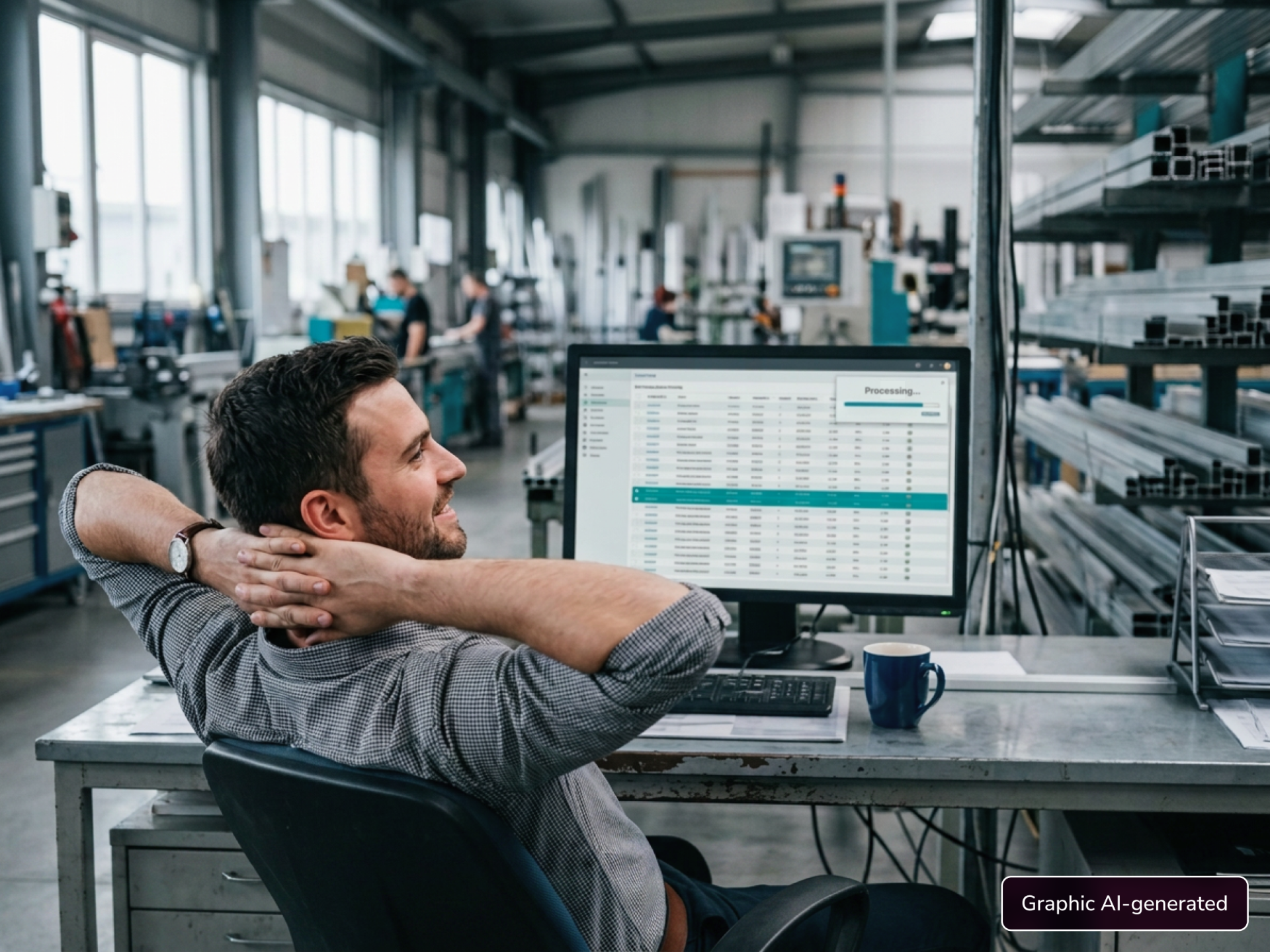 Engineer relaxing at his desk while AI automatically processes an RFQ in the background, with a manufacturing floor visible behind him.