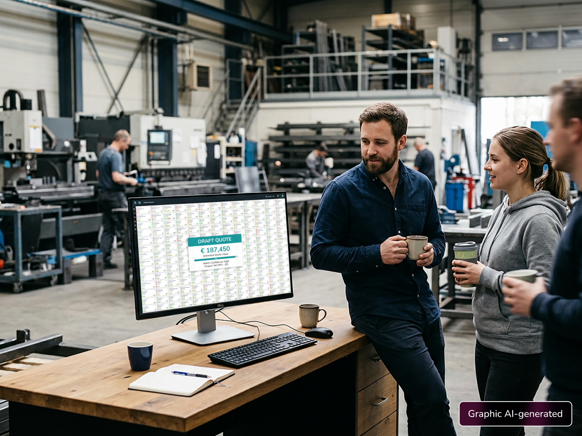 Two engineers discussing an AI-generated draft quote of €187,450 displayed on a monitor in a metal fabrication facility.