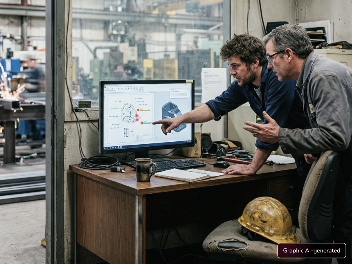 Two engineers in a fabrication workshop reviewing a CAD drawing with AI-flagged collision warnings on a monitor, with welding operations visible in the background.