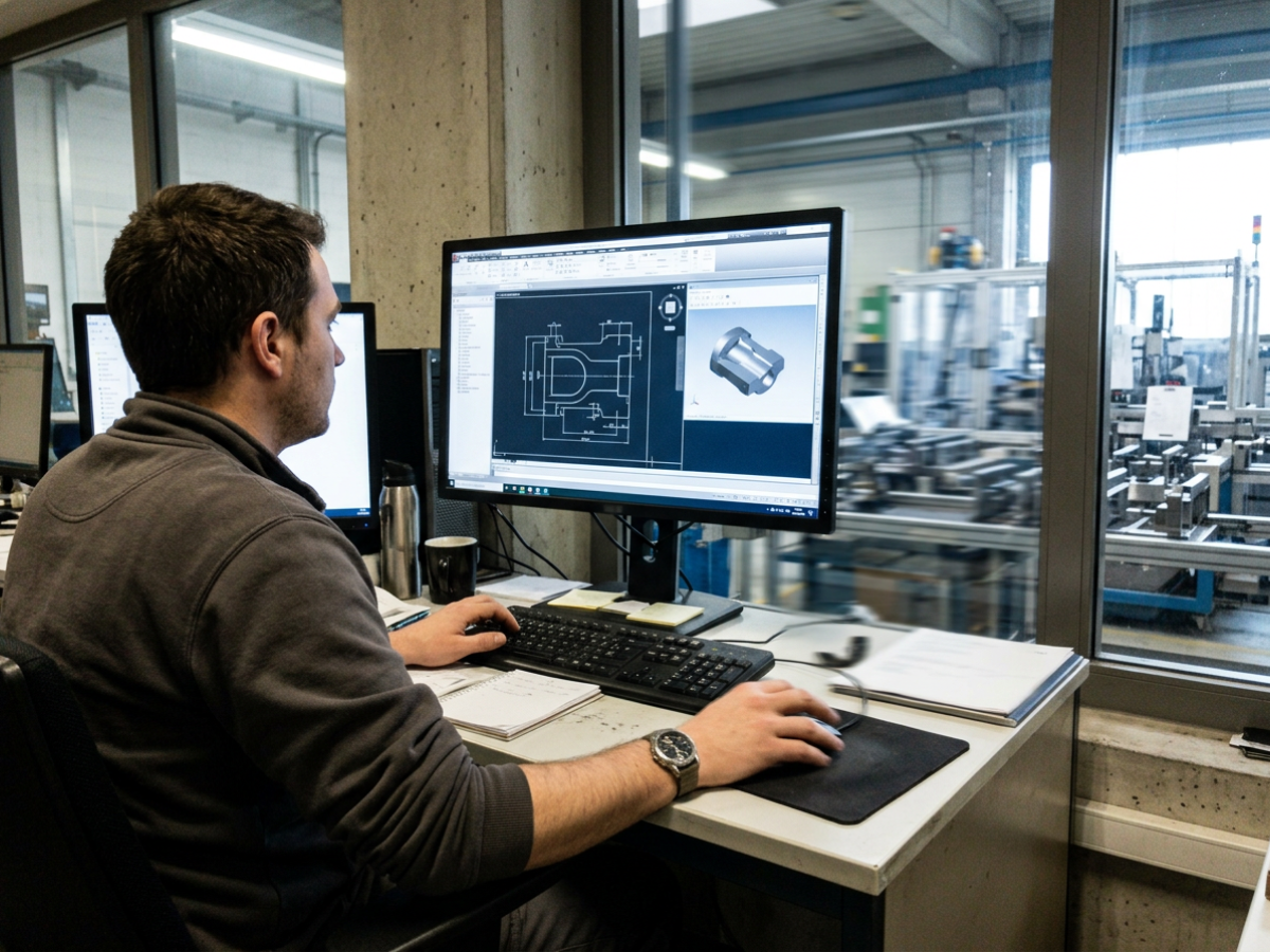 Engineer working on a CAD model of a mechanical component, with a manufacturing floor visible through the window behind him.