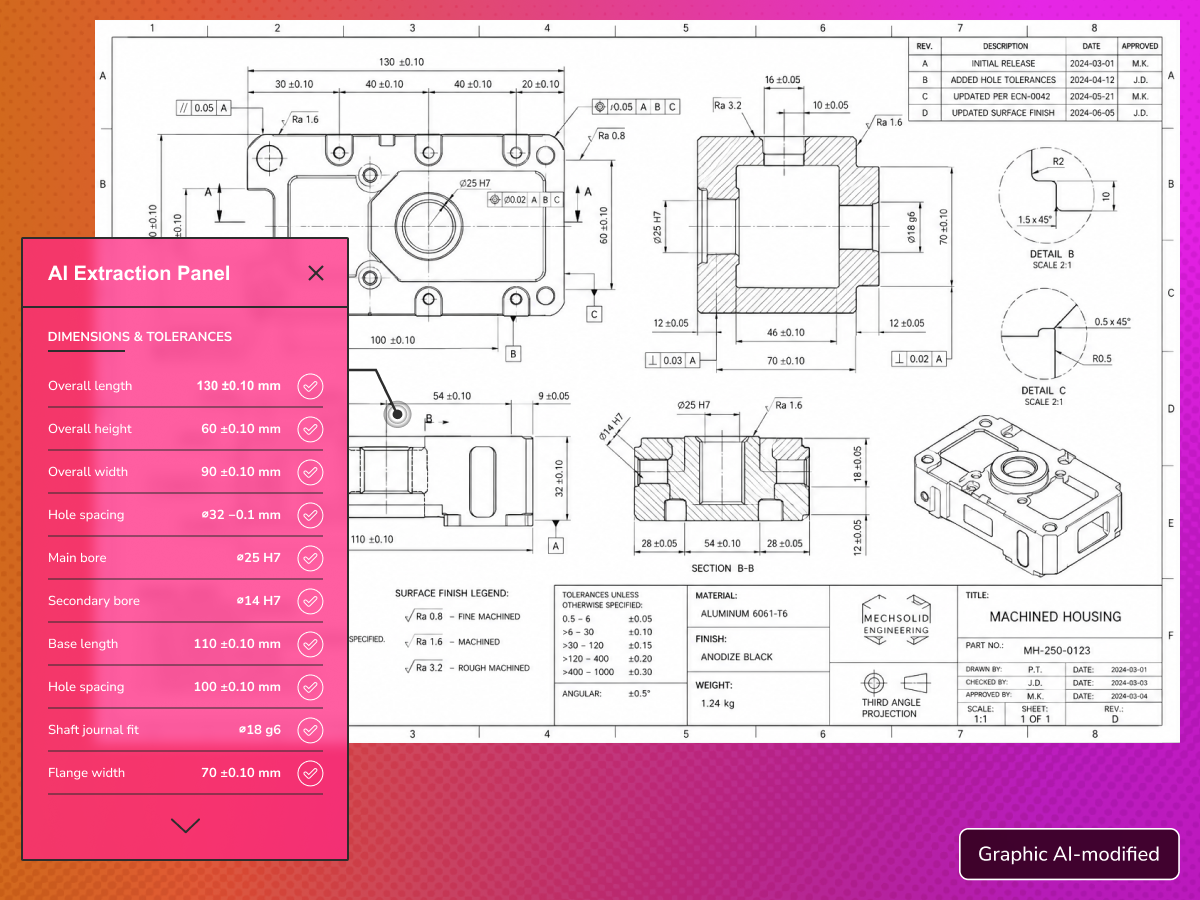 AI agent extracting dimensional data from a mechanical engineering drawing