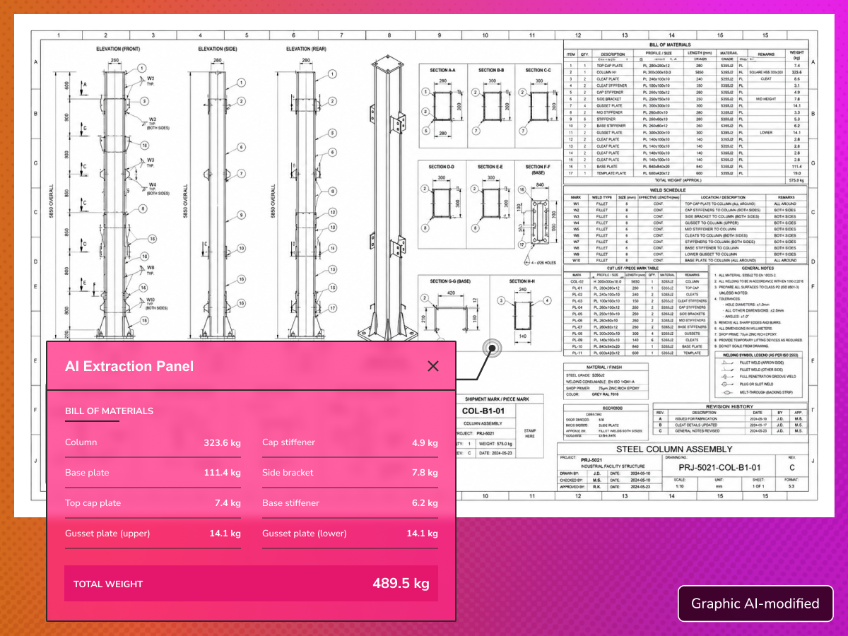 AI-generated bill of materials panel overlaid on a steel column assembly fabrication drawing